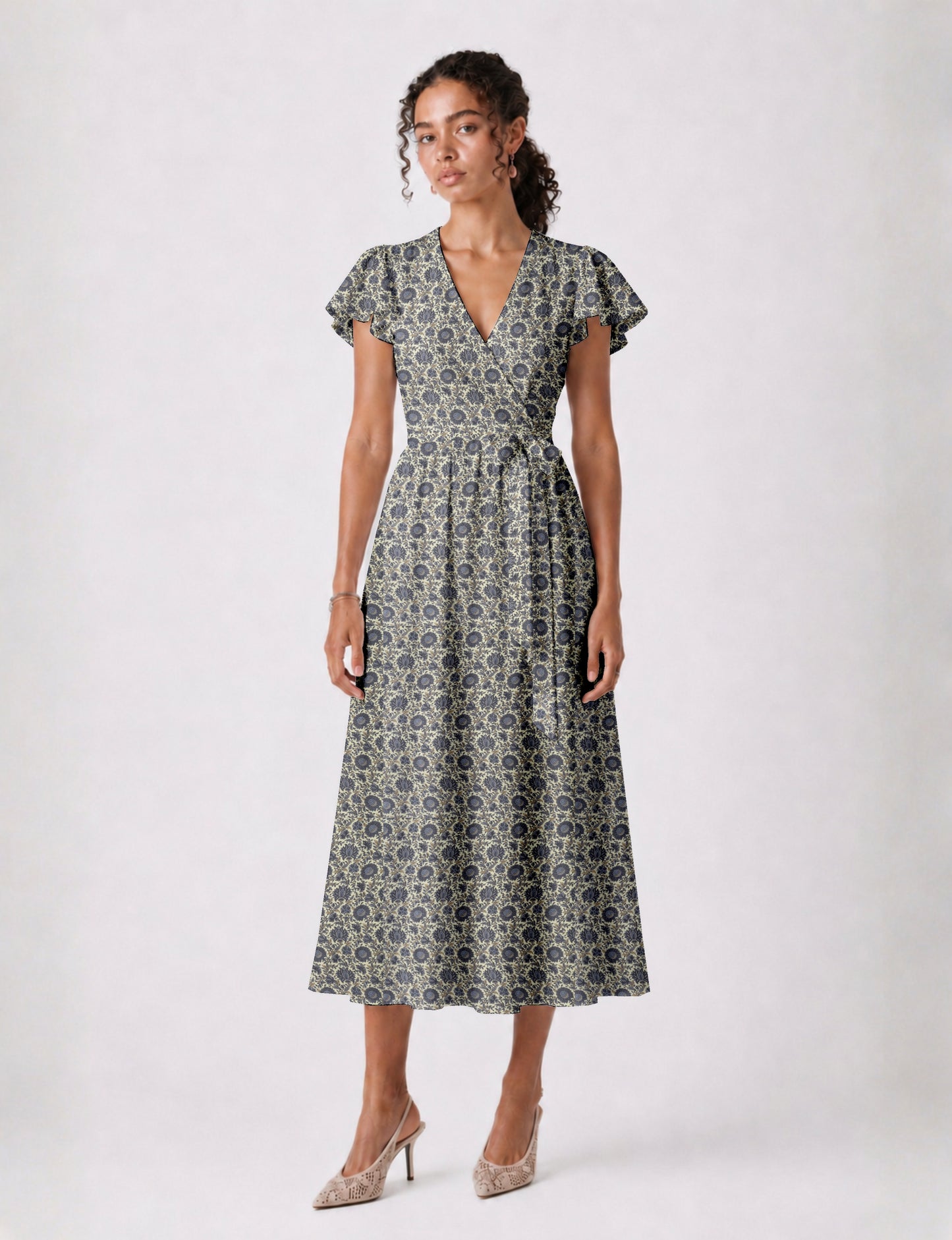 Midi wrap dress with V-neckline, fitted bodice, tie waist, and flared mid-calf skirt