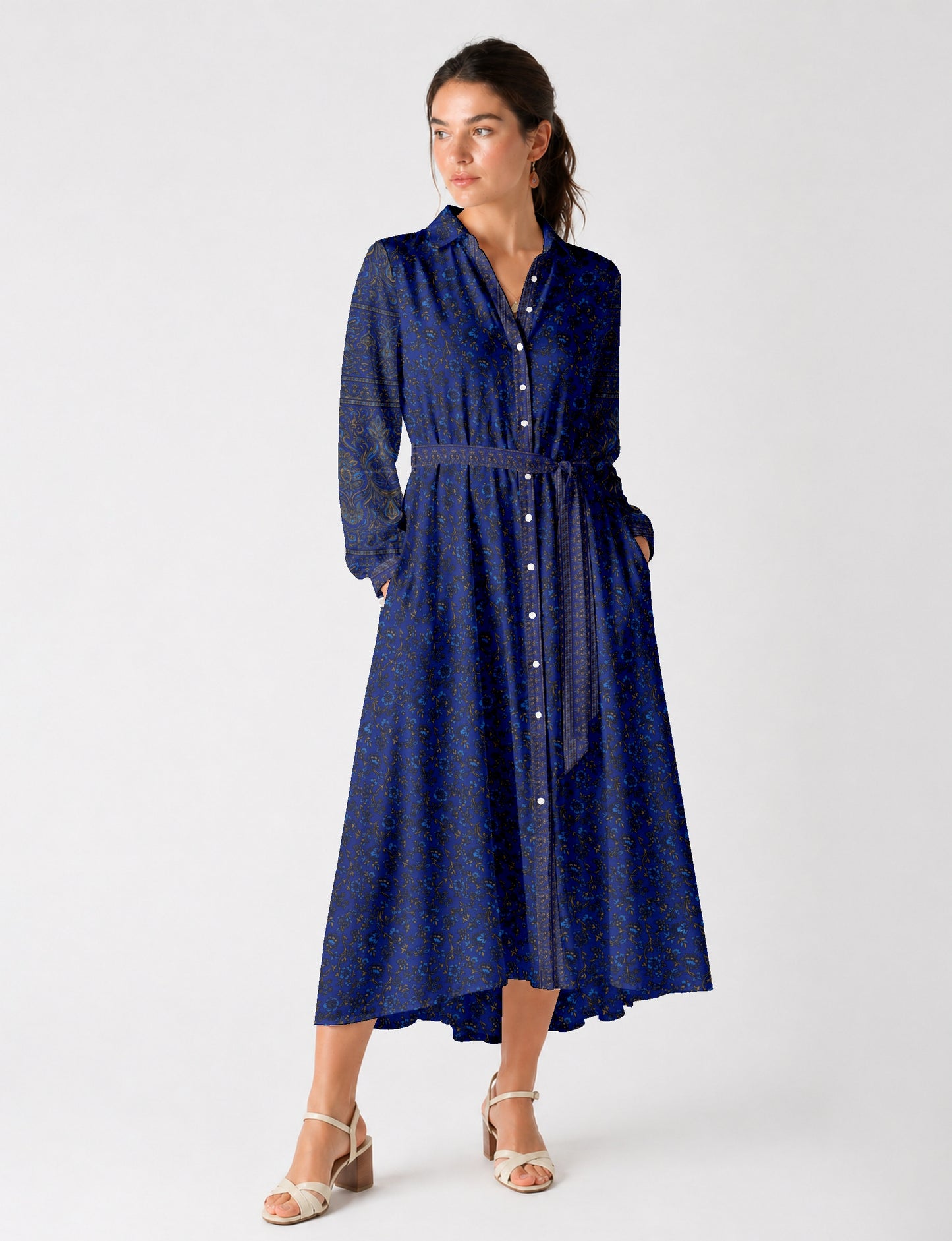 Long shirt dress side view highlighting flared silhouette