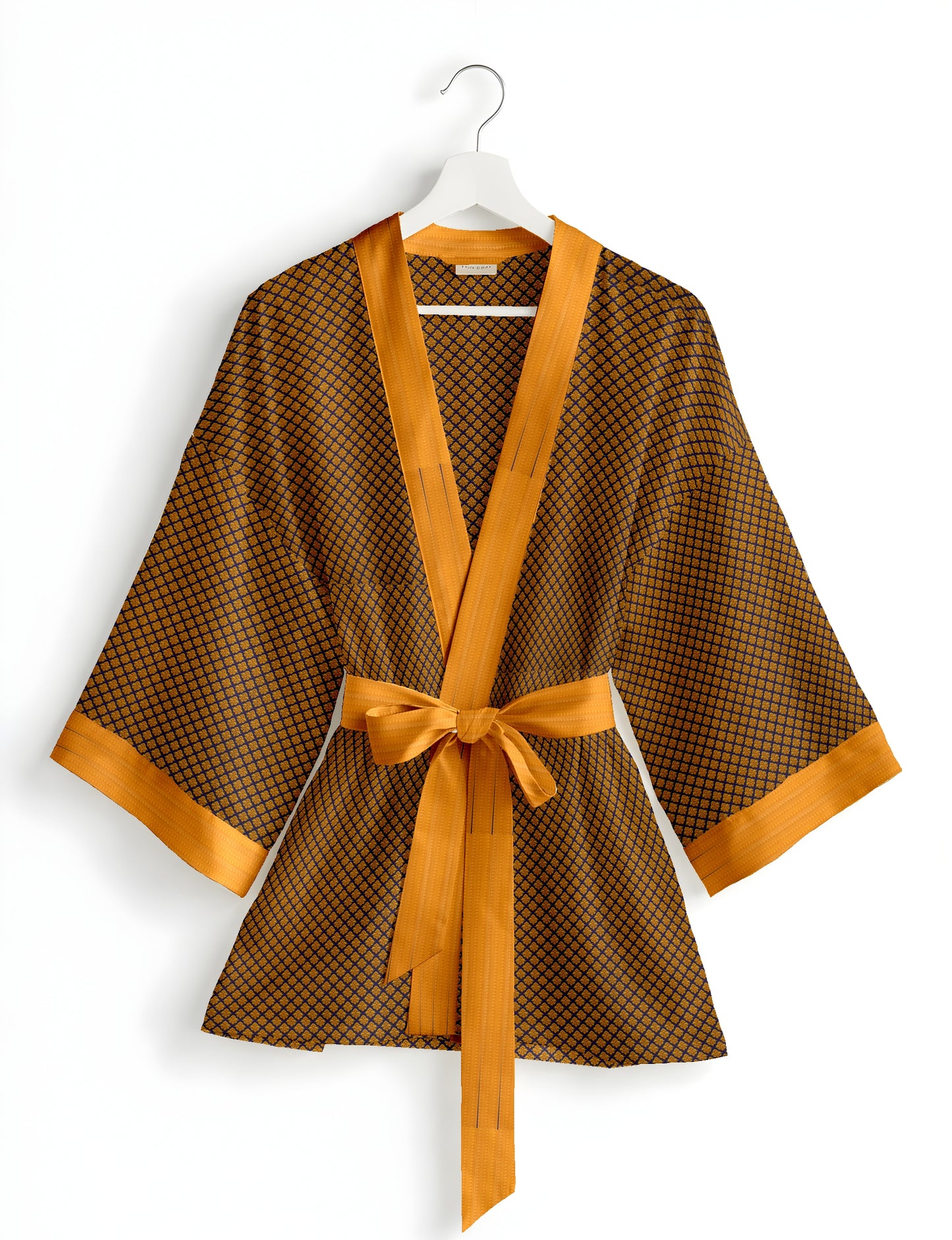 Short kimono robe with wrap front, V-neckline, wide sleeves, waist tie, and concealed skort detail.