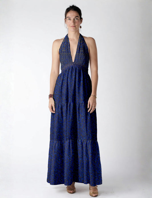 Maxi tiered dress by I was a Sari with halter neckline and flowy silhouette