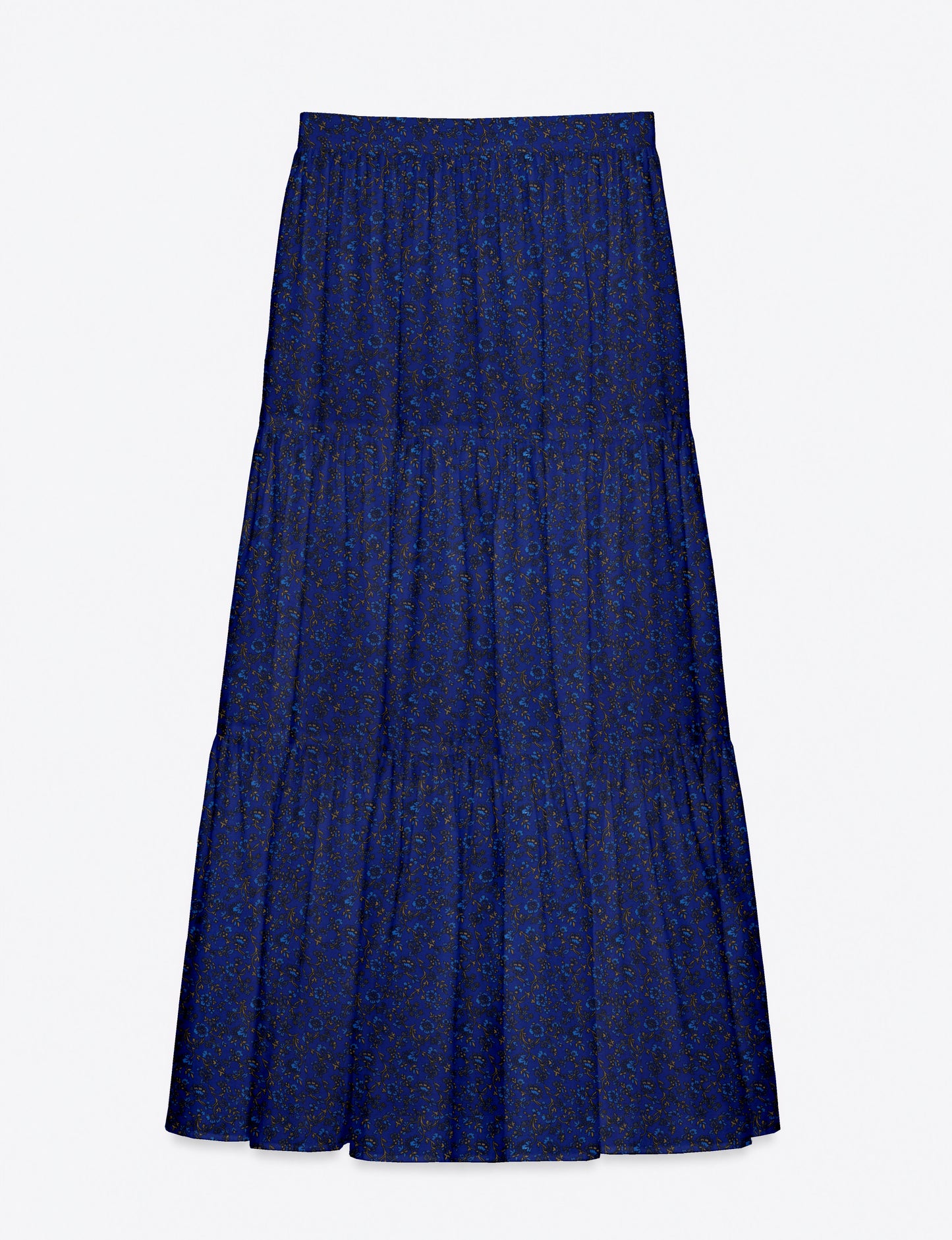 Blue midi tiered skirt with tropical floral pattern, flat lay front view, elastic waistband visible