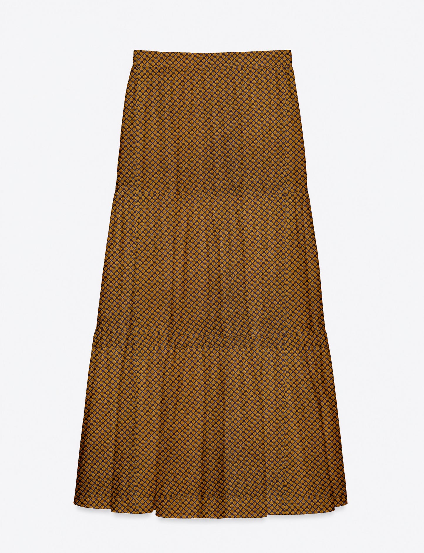 Yellow midi tiered skirt with small dark geometric micro pattern, flat lay front view