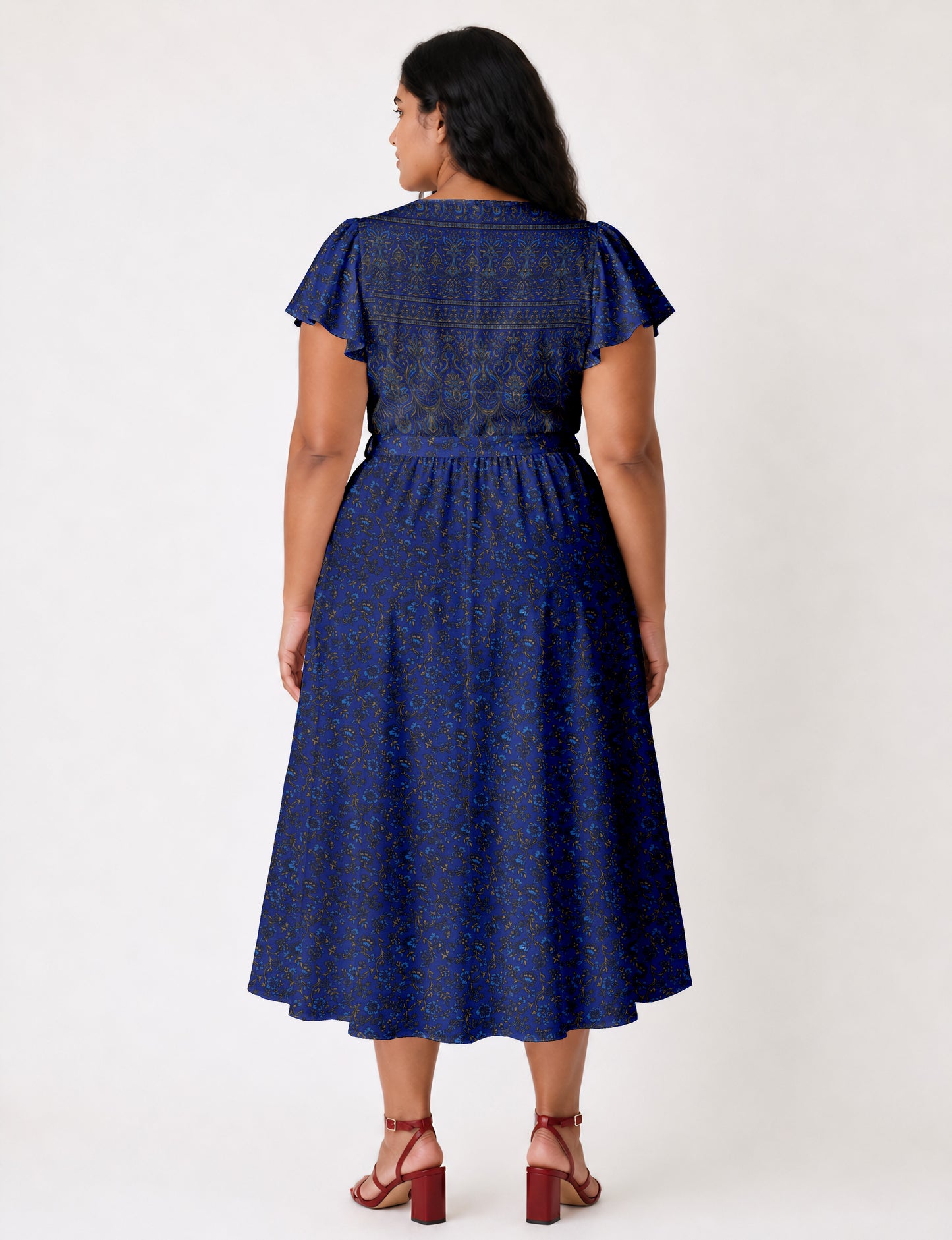 Midi wrap dress with V-neckline, fitted bodice, tie waist, and flared mid-calf skirt