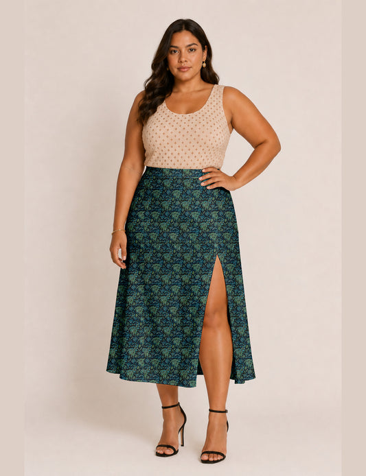 A line skirt with slit - Blue Tropical