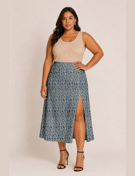 A line skirt with slit - Blue Tropical