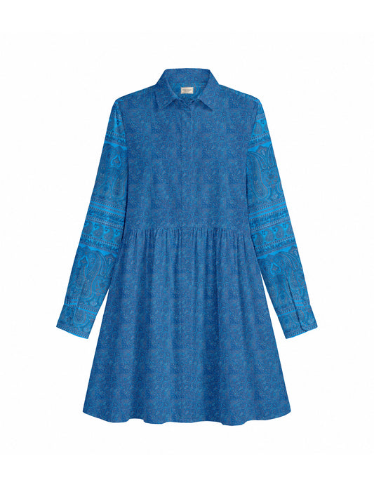 Short shirt dress with a relaxed A-line silhouette, point collar, partial button placket, gathered waist, side pockets, and full-length cuffed sleeves.