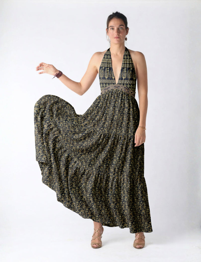 Maxi tiered dress by I was a Sari with halter neckline and flowy silhouette