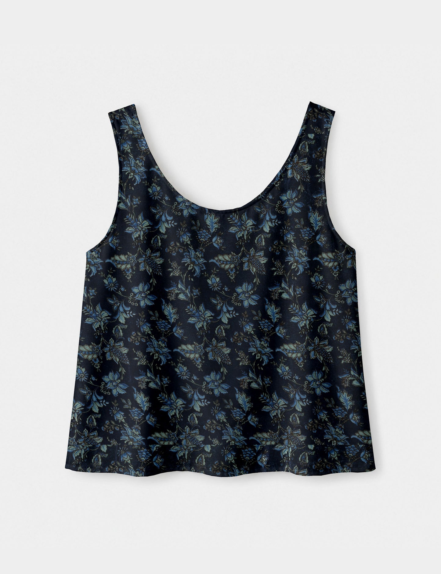Women's sleeveless blouse with a relaxed straight fit, wide scoop neckline, deep scoop back, and hip-length silhouette.