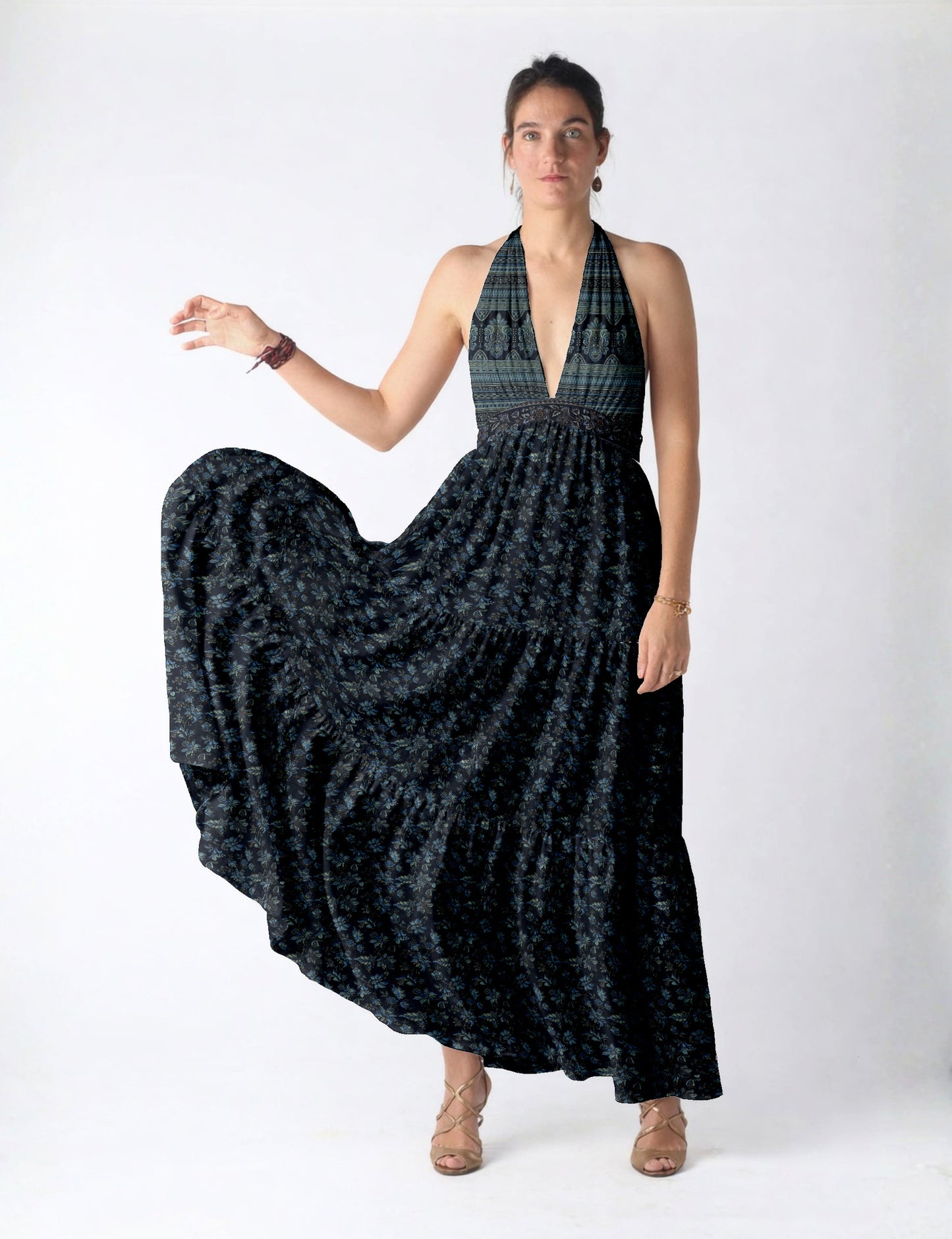 Maxi tiered dress by I was a Sari with halter neckline and flowy silhouette