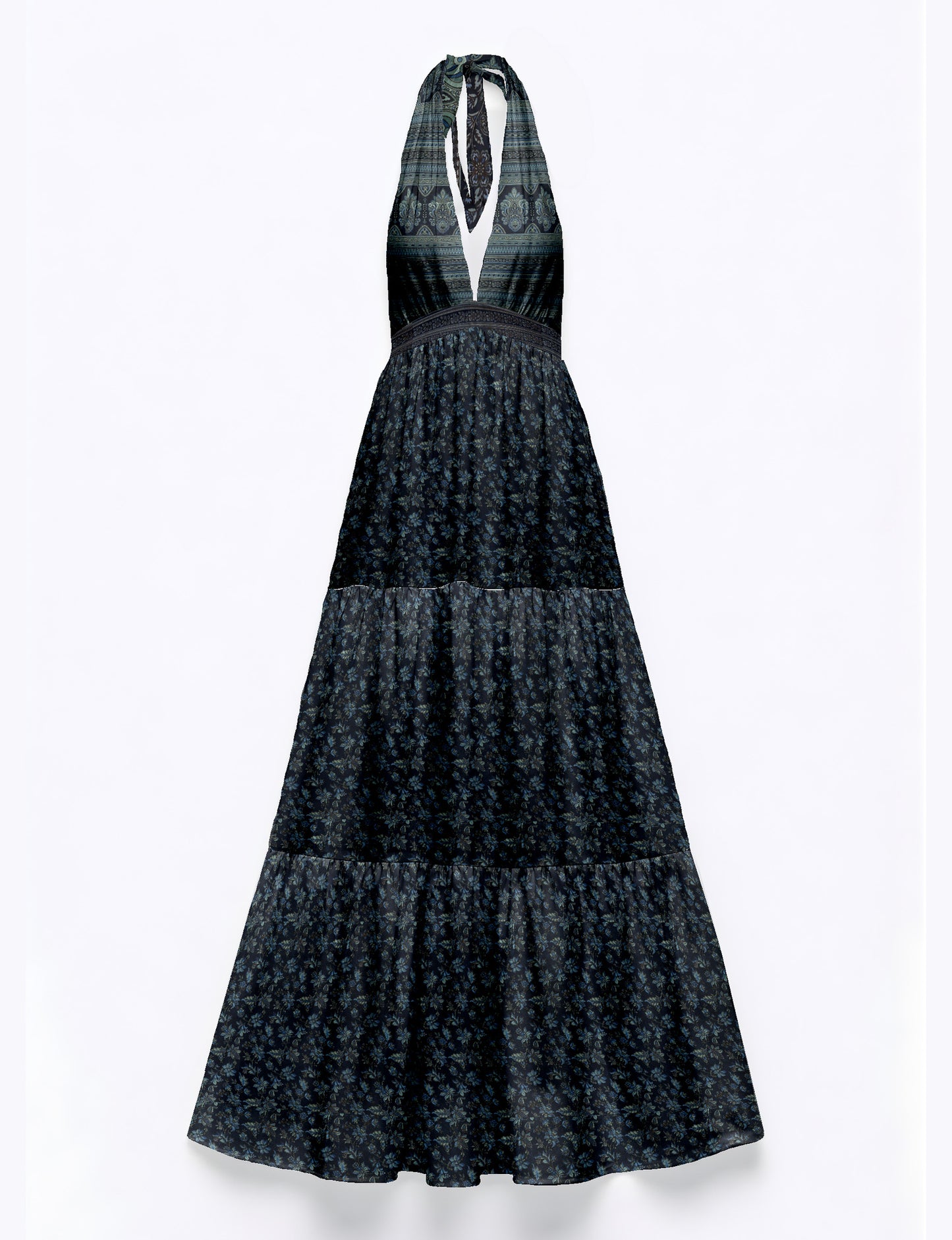Halter neck maxi dress with tiered layers and elasticated back