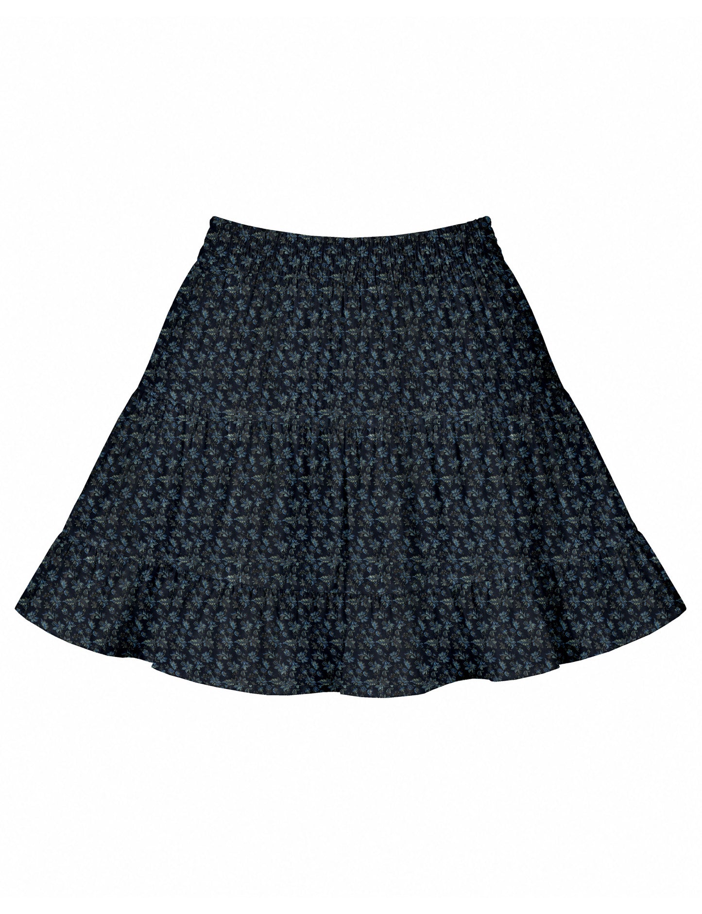Short tiered skirt with a fitted waistband, knife pleats, softly flared silhouette, side seam pockets, and above-the-knee length.