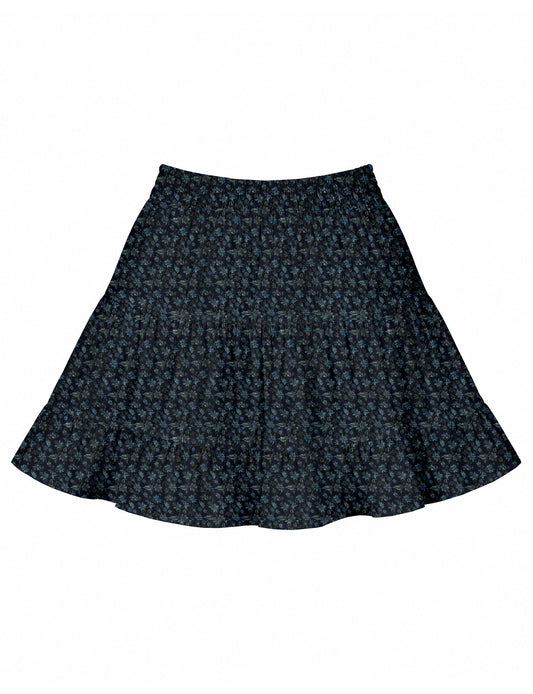Short tiered skirt with a fitted waistband, knife pleats, softly flared silhouette, side seam pockets, and above-the-knee length.