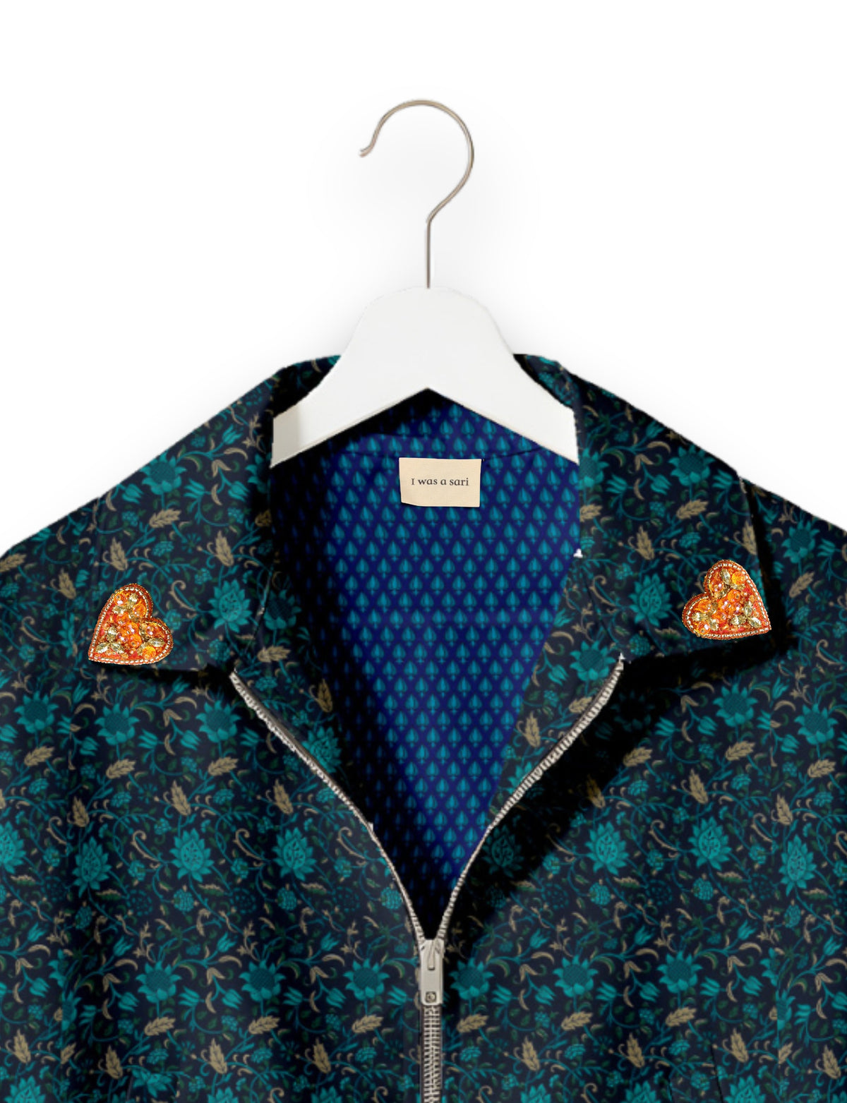 Love Bomber Jacket made from recycled fabric, featuring hand-stitched Aari embroidery. A unique piece of zero-waste clothing, part of the circular fashion movement. Designed with upcycled materials for a stylish yet environmentally friendly clothing choice.