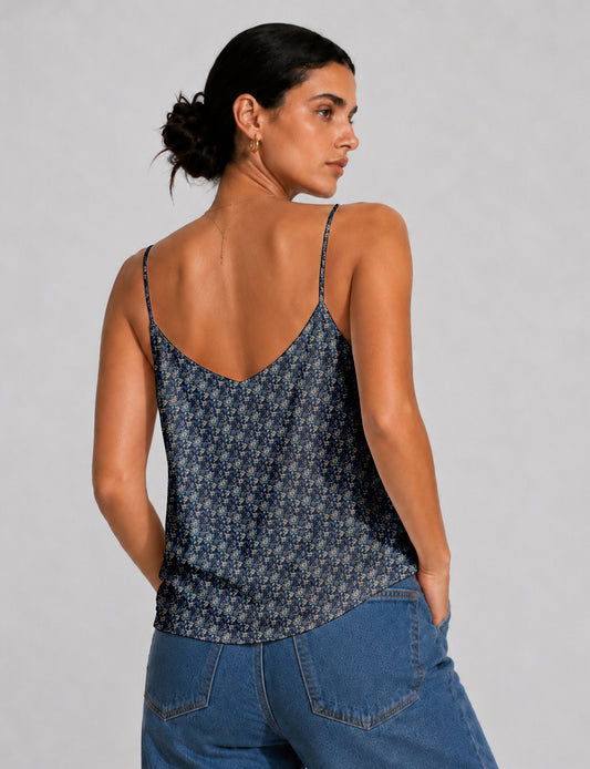 Women's sleeveless slip top with a relaxed straight fit, soft V-neckline, deep V-back, and delicate spaghetti straps.