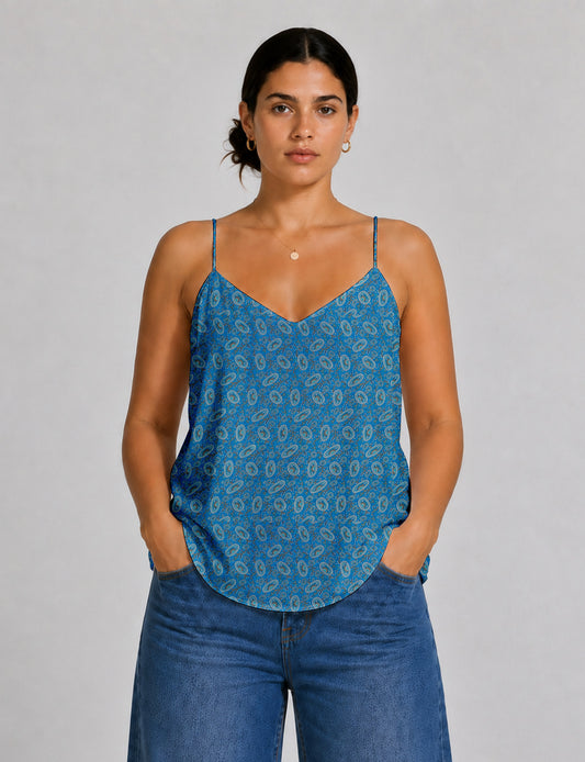 Women's sleeveless slip top with a relaxed straight fit, soft V-neckline, deep V-back, and delicate spaghetti straps.