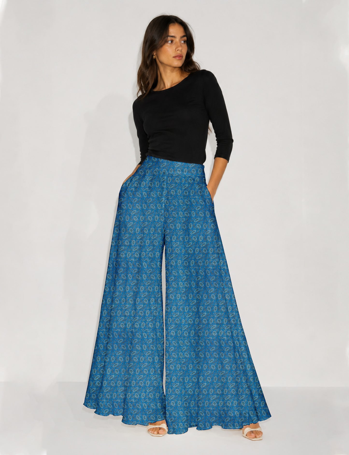 Wide Leg Palazzo Trousers - Blue Tropical