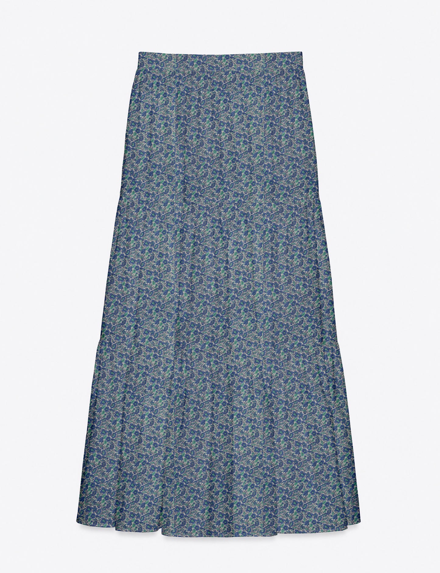 Yellow midi tiered skirt with small dark geometric micro pattern, flat lay front view