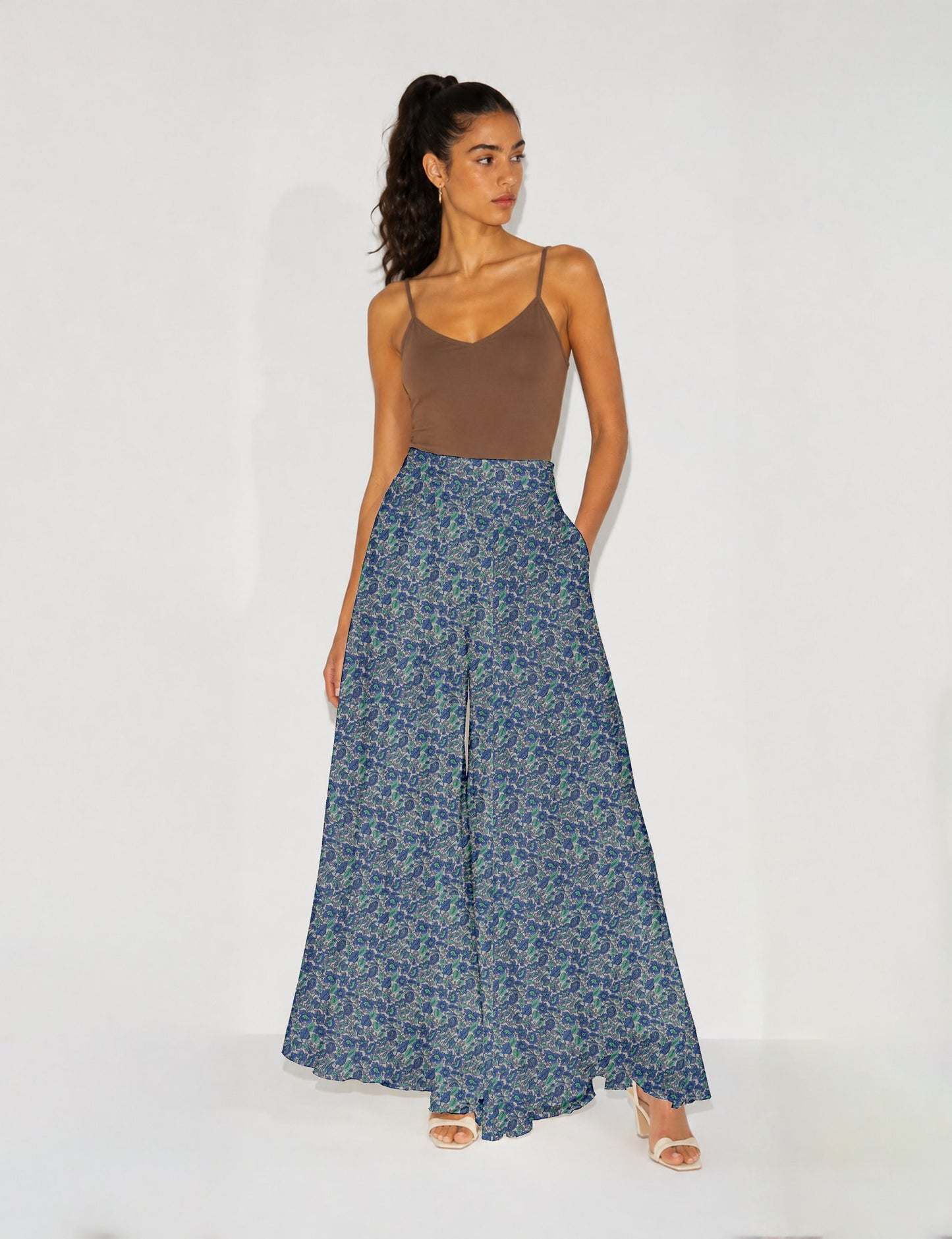 Wide Leg Palazzo Trousers - Blue Tropical