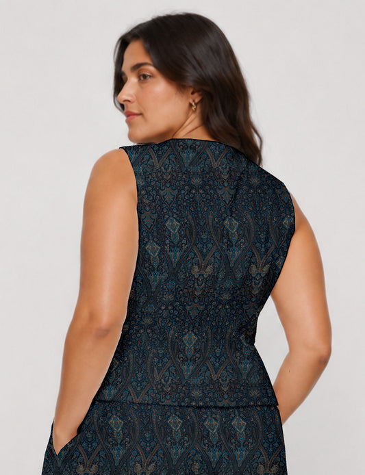 Women's fitted waistcoat with V-neck, single-breasted button closure, tailored silhouette, and pointed hem in sustainable fashion.