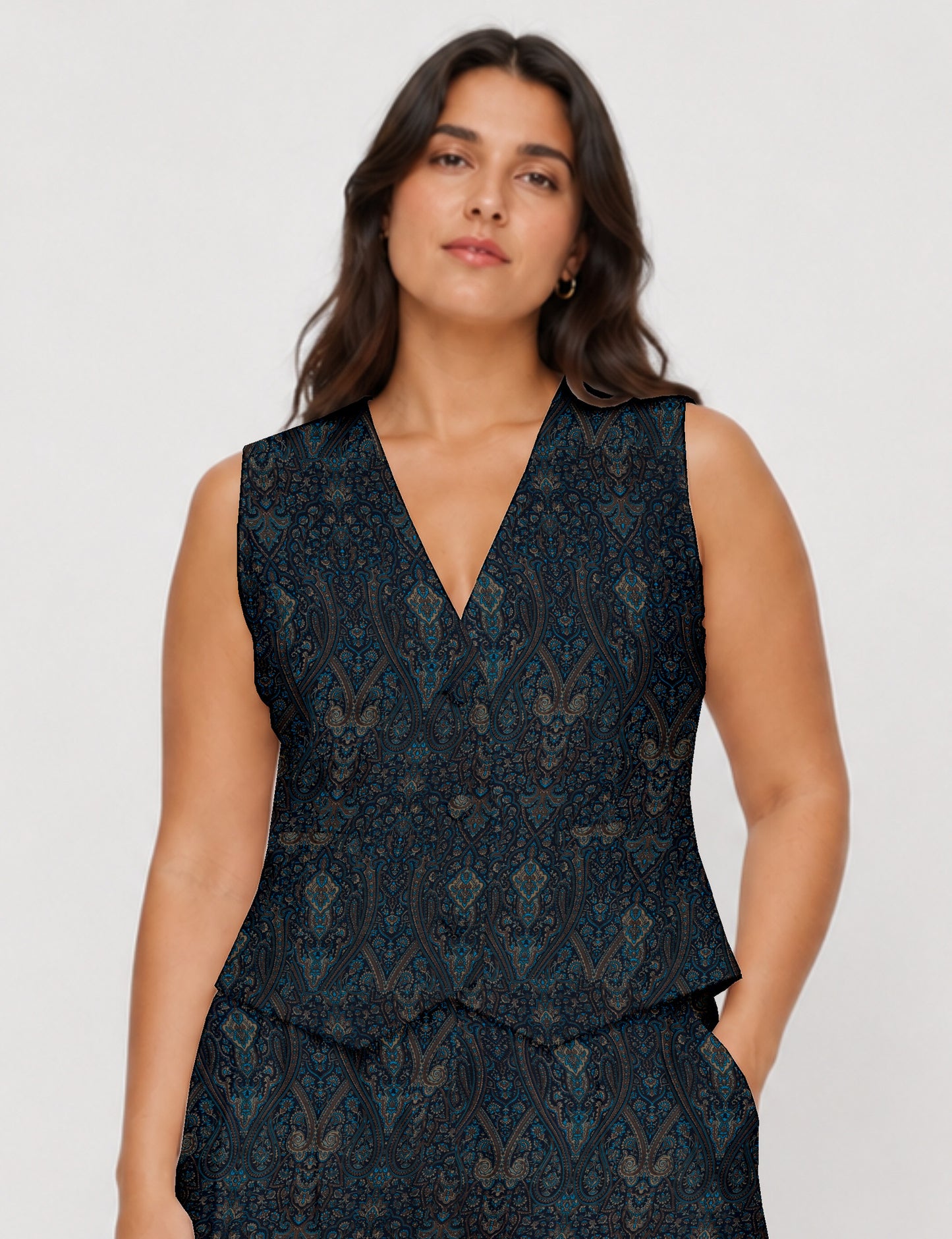 Women's fitted waistcoat with V-neck, single-breasted button closure, tailored silhouette, and pointed hem in sustainable fashion.