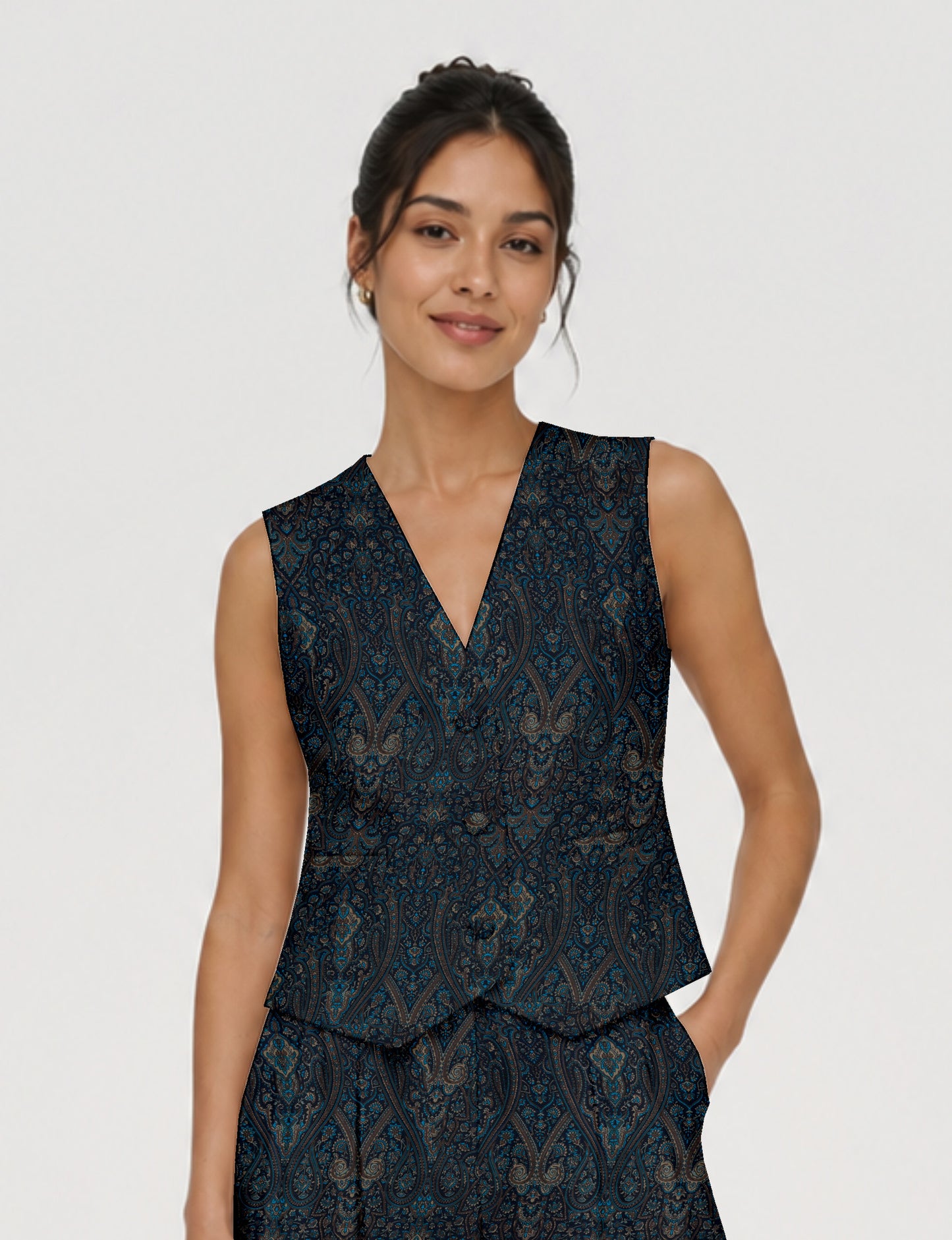 Women's fitted waistcoat with V-neck, single-breasted button closure, tailored silhouette, and pointed hem in sustainable fashion.