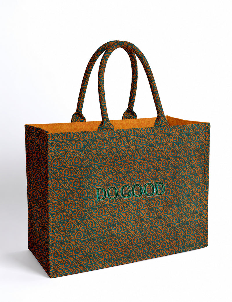 Structured DO GOOD work tote bag featuring embroidered appliqué lettering on the front, double padded shoulder handles and an internal zippered pocket.
