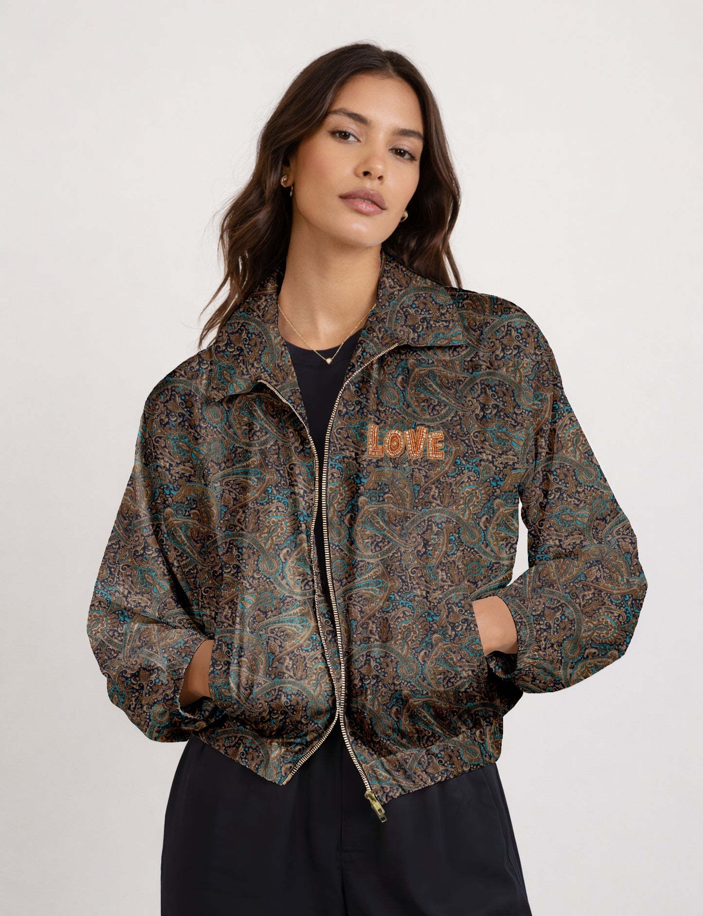 Love Bomber Jacket made from recycled fabric, featuring hand-stitched Aari embroidery. A unique piece of zero-waste clothing, part of the circular fashion movement. Designed with upcycled materials for a stylish yet environmentally friendly clothing choice.