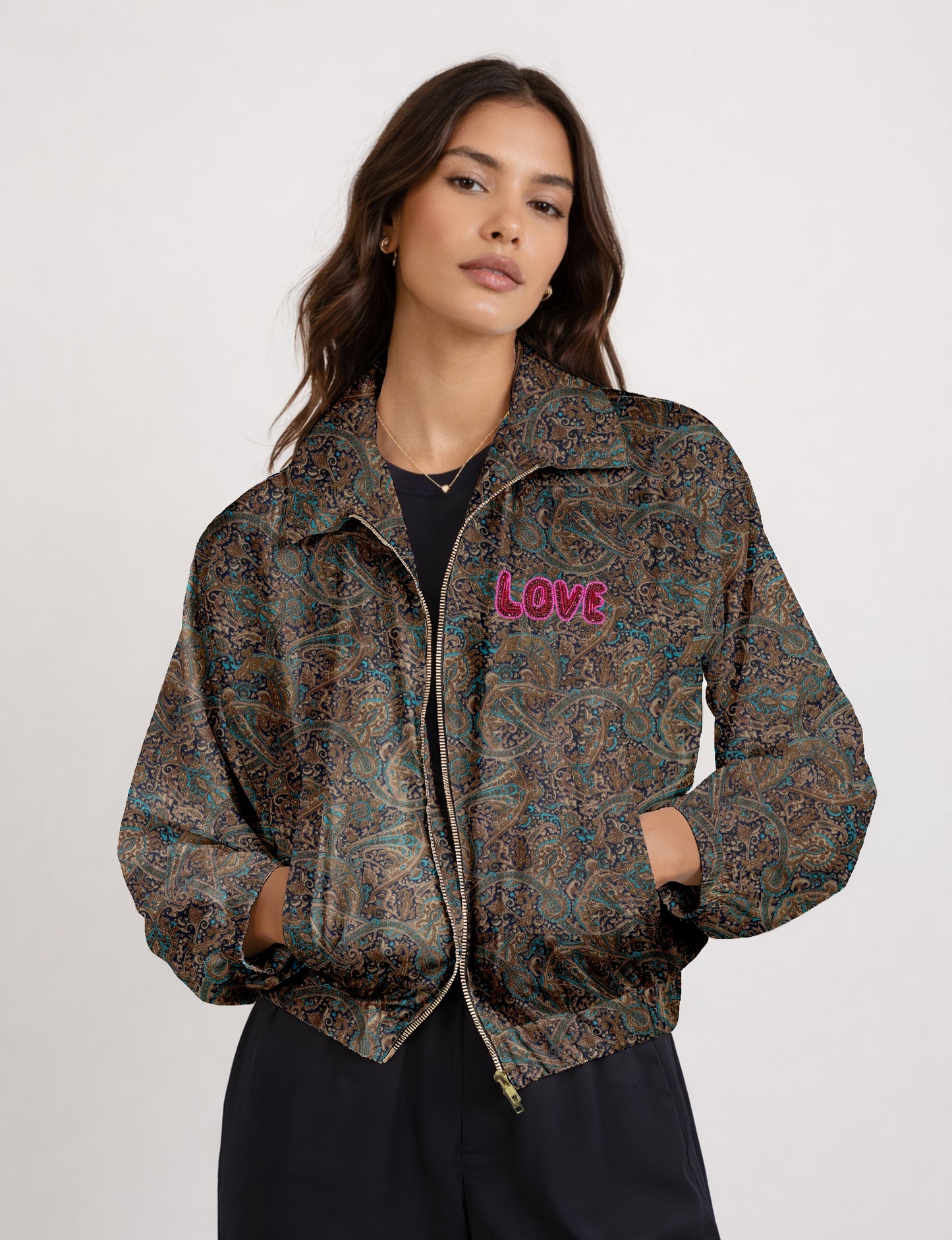 Love Bomber Jacket made from recycled fabric, featuring hand-stitched Aari embroidery. A unique piece of zero-waste clothing, part of the circular fashion movement. Designed with upcycled materials for a stylish yet environmentally friendly clothing choice.