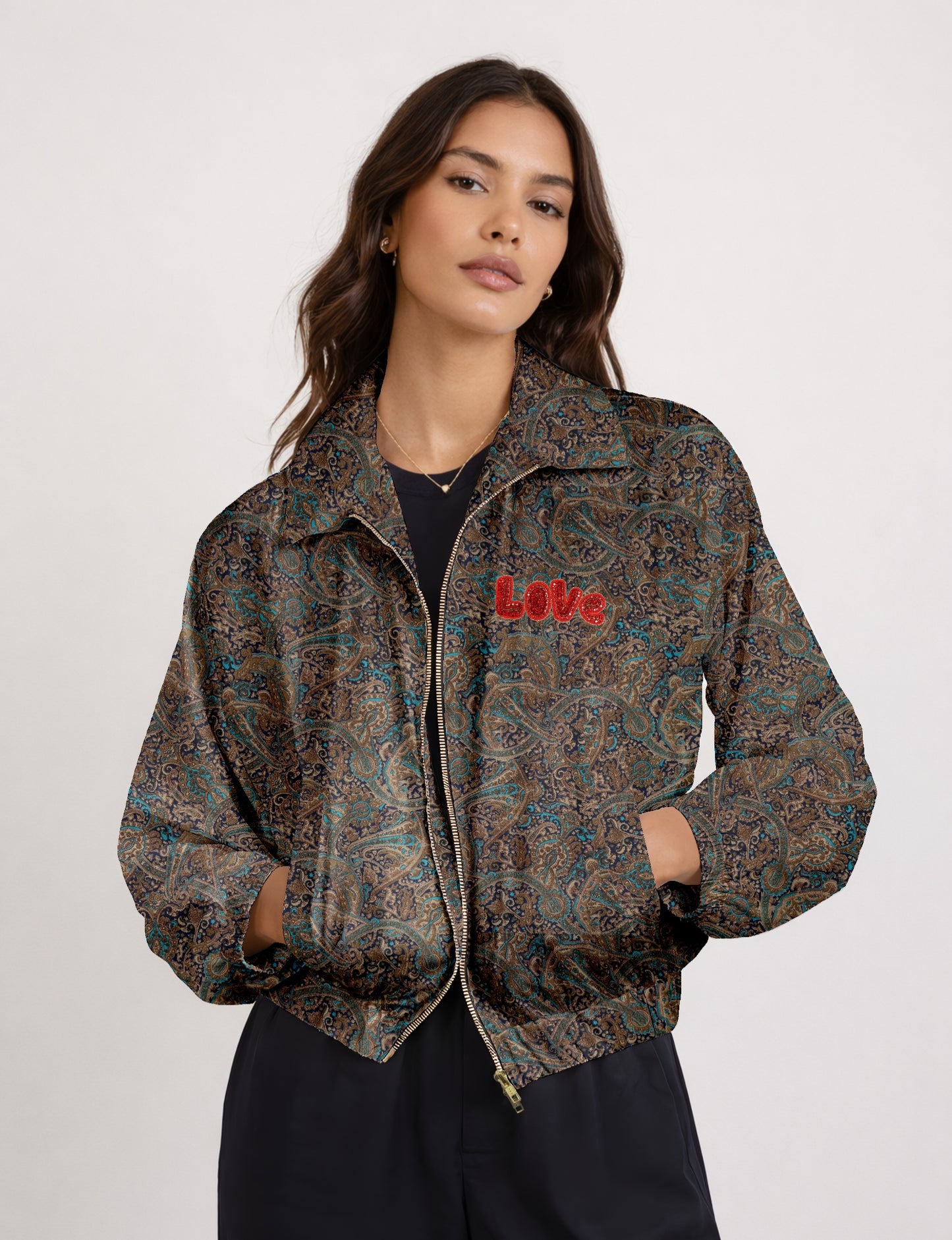 Love Bomber Jacket made from recycled fabric, featuring hand-stitched Aari embroidery. A unique piece of zero-waste clothing, part of the circular fashion movement. Designed with upcycled materials for a stylish yet environmentally friendly clothing choice.