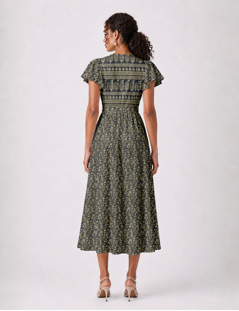 Elegant midi wrap dress with a V-neckline, adjustable waist tie, fitted bodice, and flared skirt for a timeless, flattering silhouette.