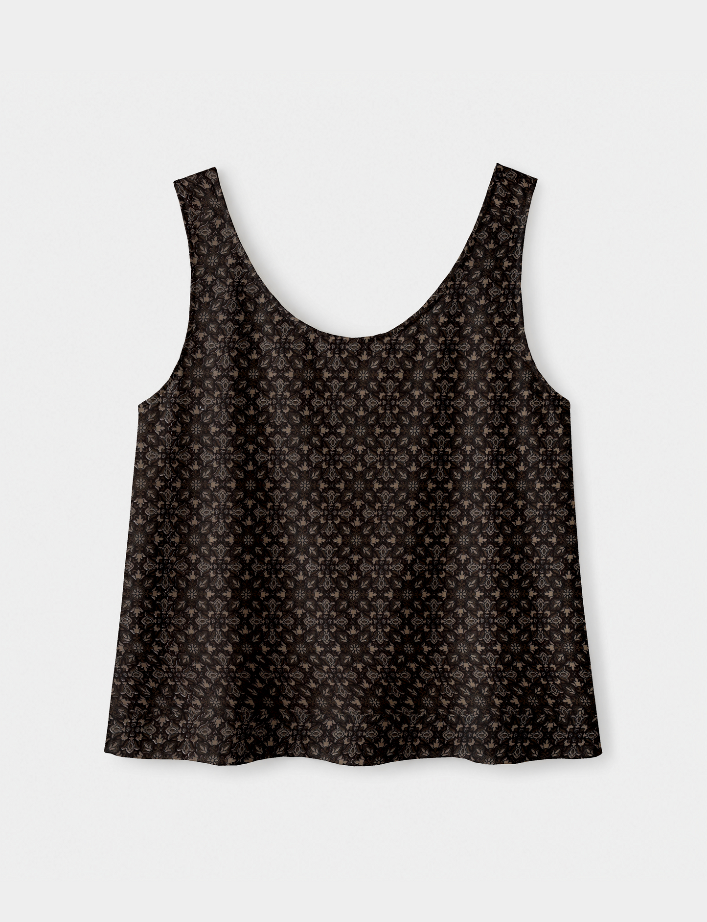 Women's sleeveless blouse with a relaxed straight fit, wide scoop neckline, deep scoop back, and hip-length silhouette.