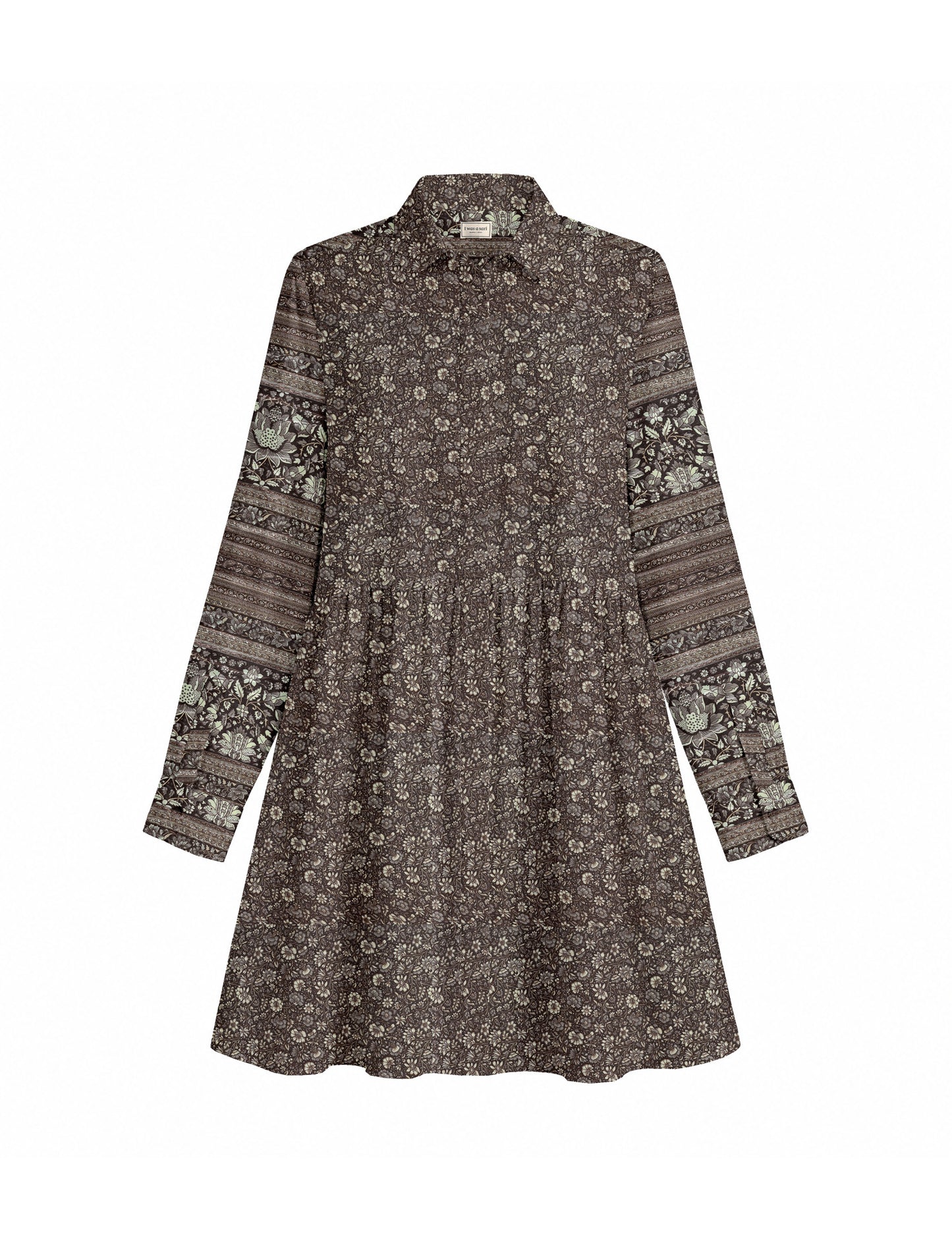 Short shirt dress with a relaxed A-line silhouette, point collar, partial button placket, gathered waist, side pockets, and full-length cuffed sleeves.