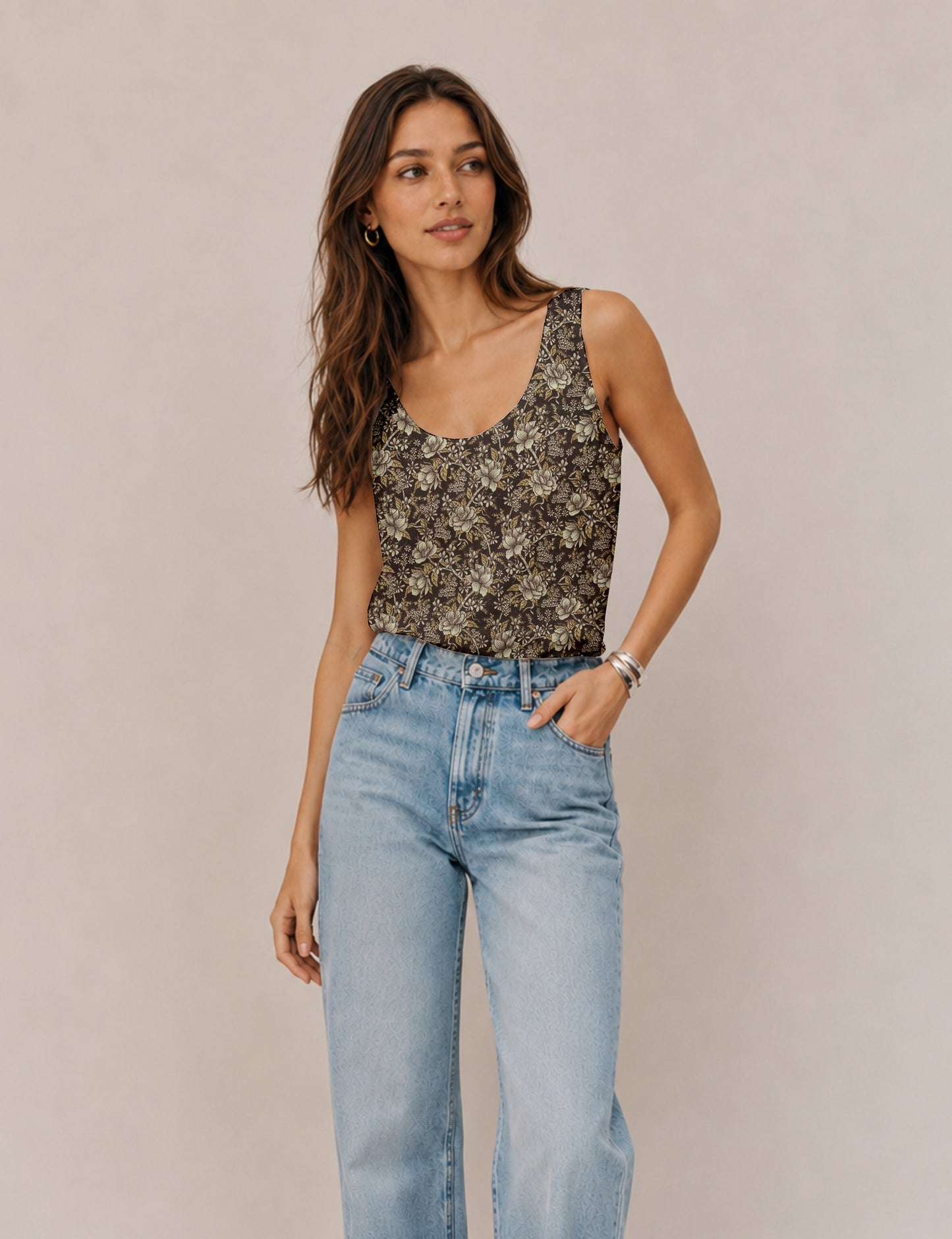 Women's sleeveless blouse with a relaxed straight fit, wide scoop neckline, deep scoop back, and hip-length silhouette.