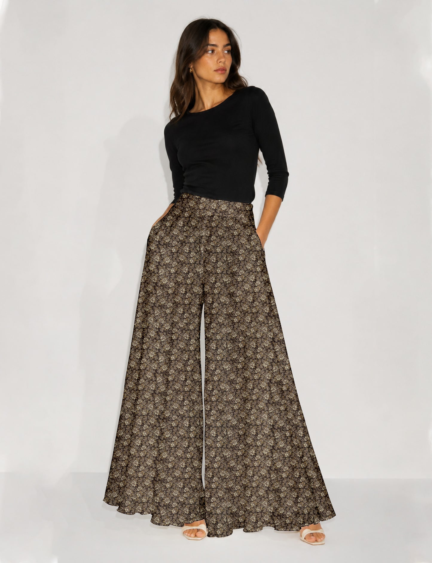 Wide Leg Palazzo Trousers - Brown Floral
