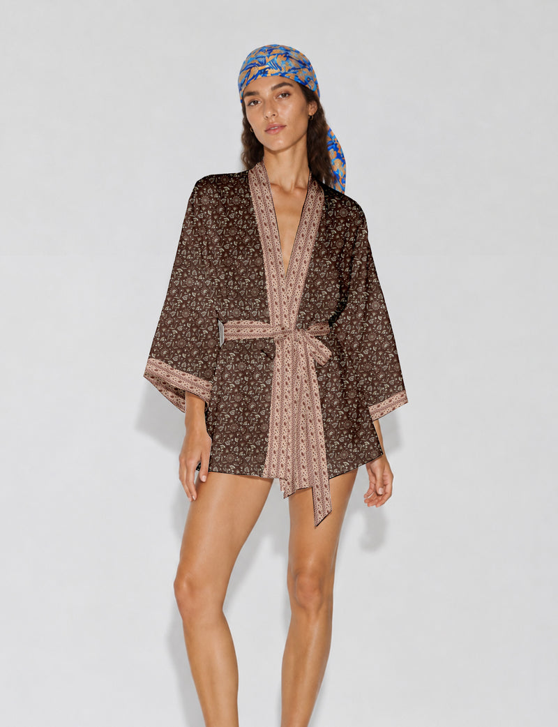 Short kimono robe - Brown Floral