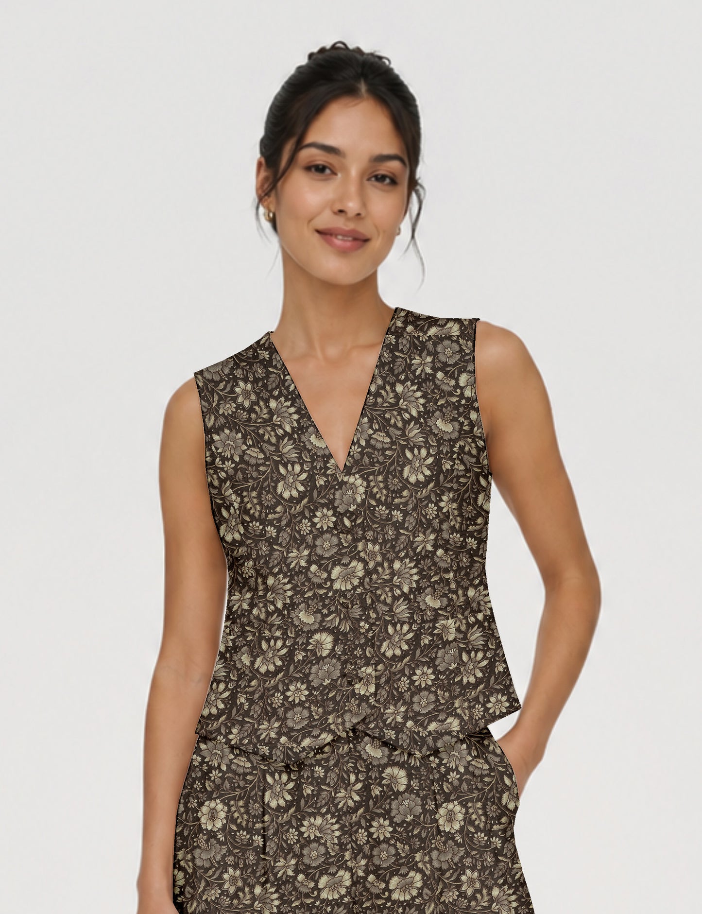 Women's fitted waistcoat with V-neck, single-breasted button closure, tailored silhouette, and pointed hem in sustainable fashion.