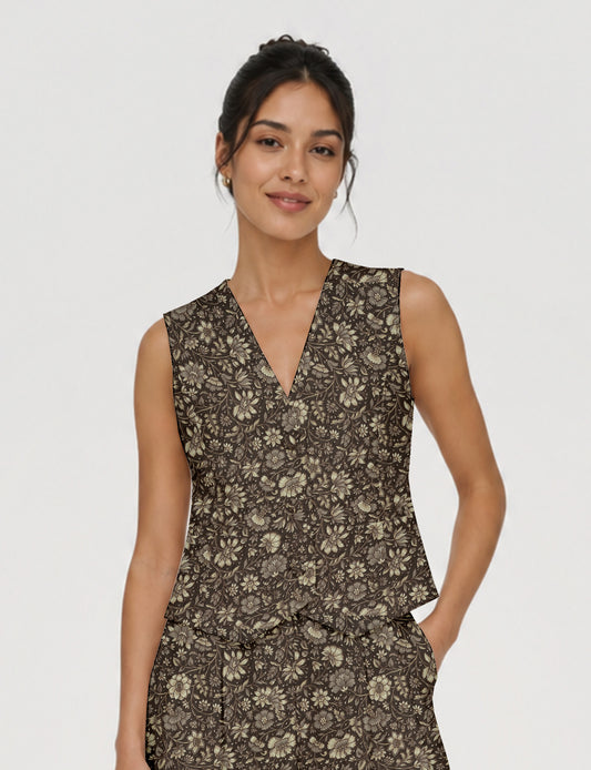 Women's fitted waistcoat with V-neck, single-breasted button closure, tailored silhouette, and pointed hem in sustainable fashion.
