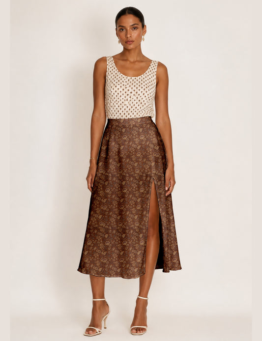 A line skirt with slit - Brown Floral