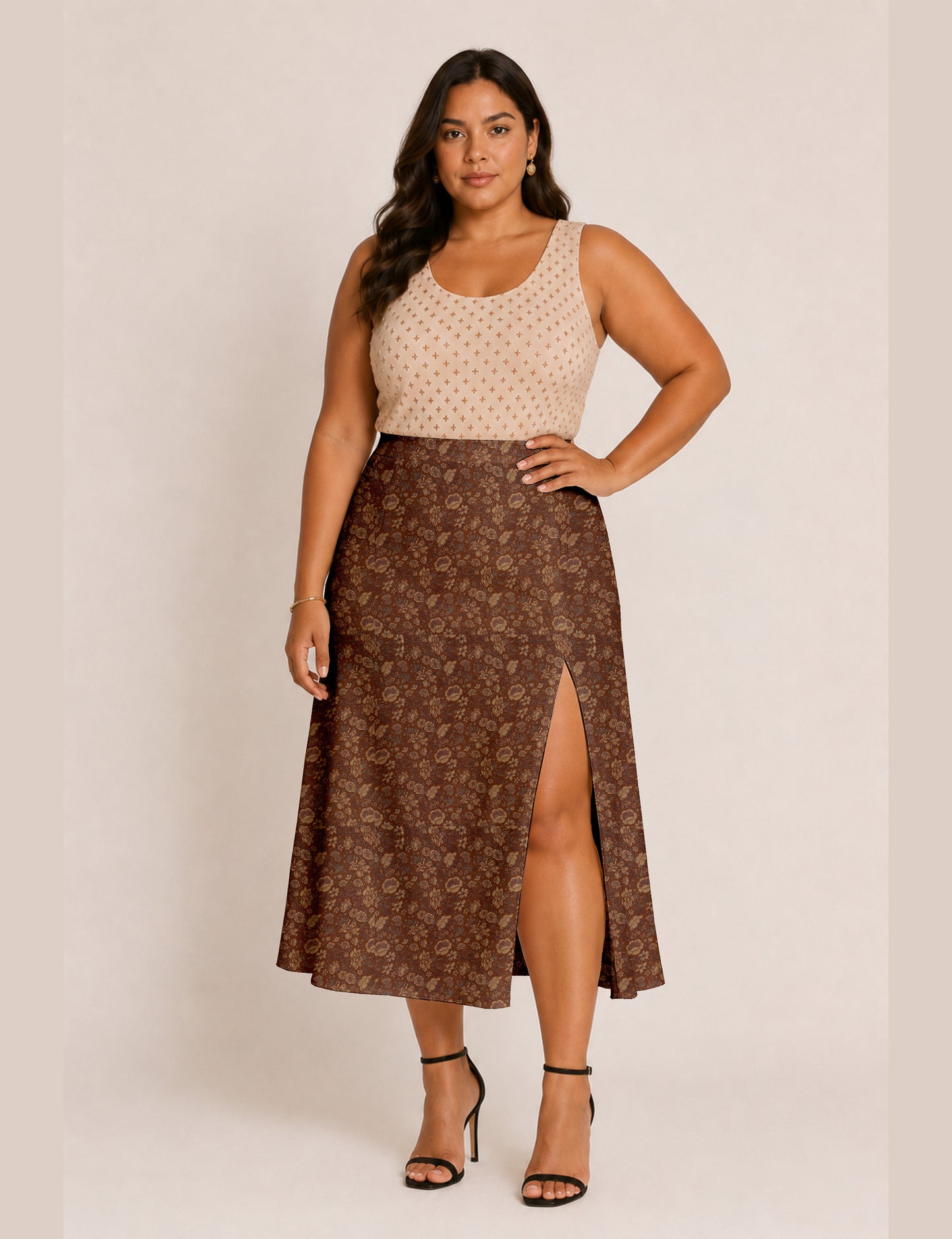 A line skirt with slit - Brown Floral