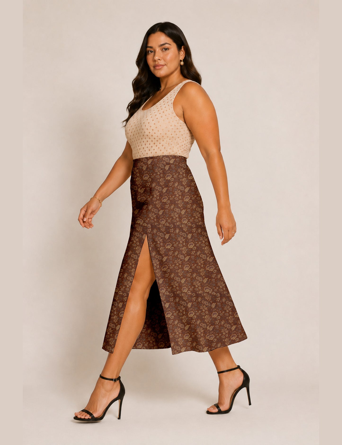 A line skirt with slit - Brown Floral