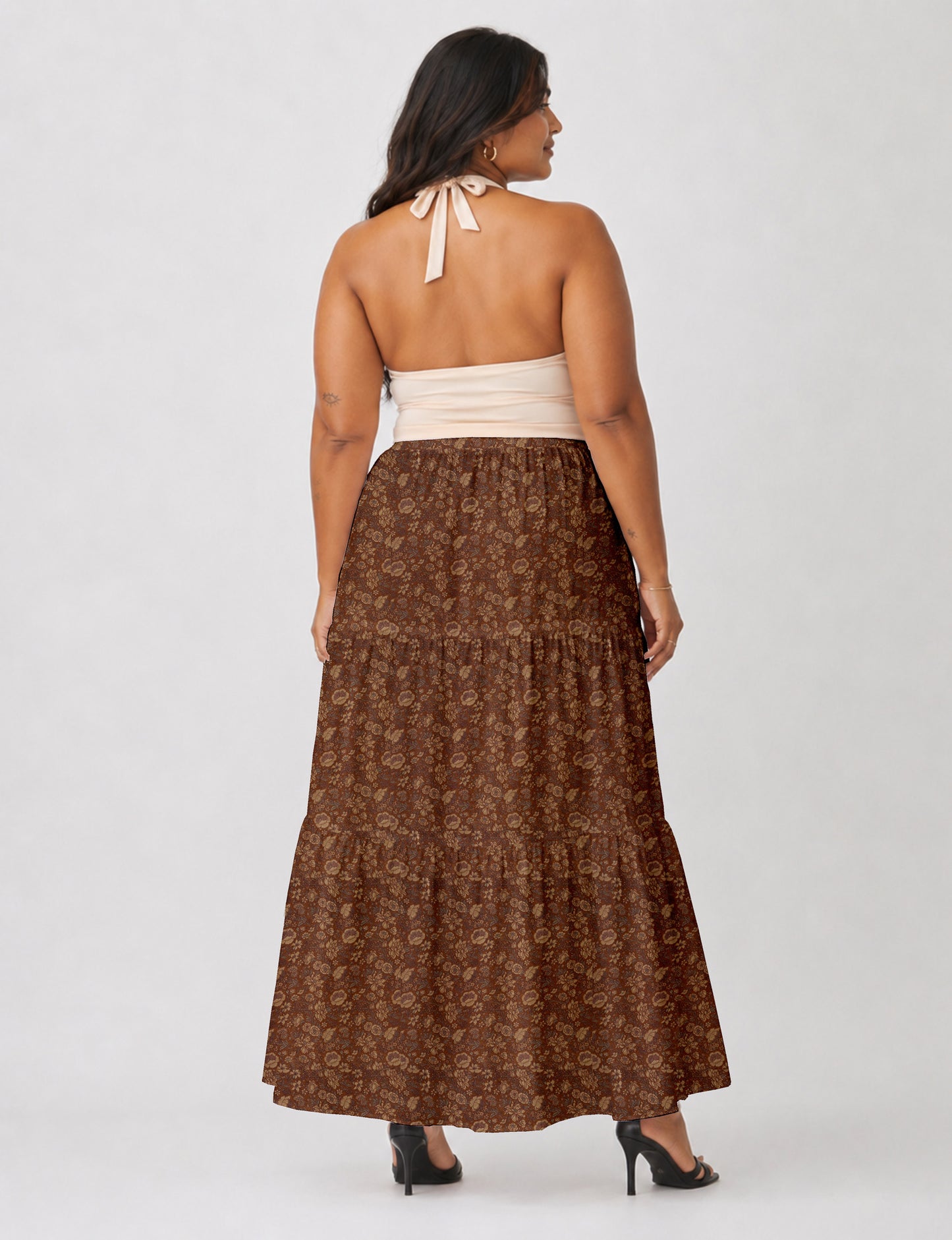 Midi Tiered Skirt - Brown Floral
