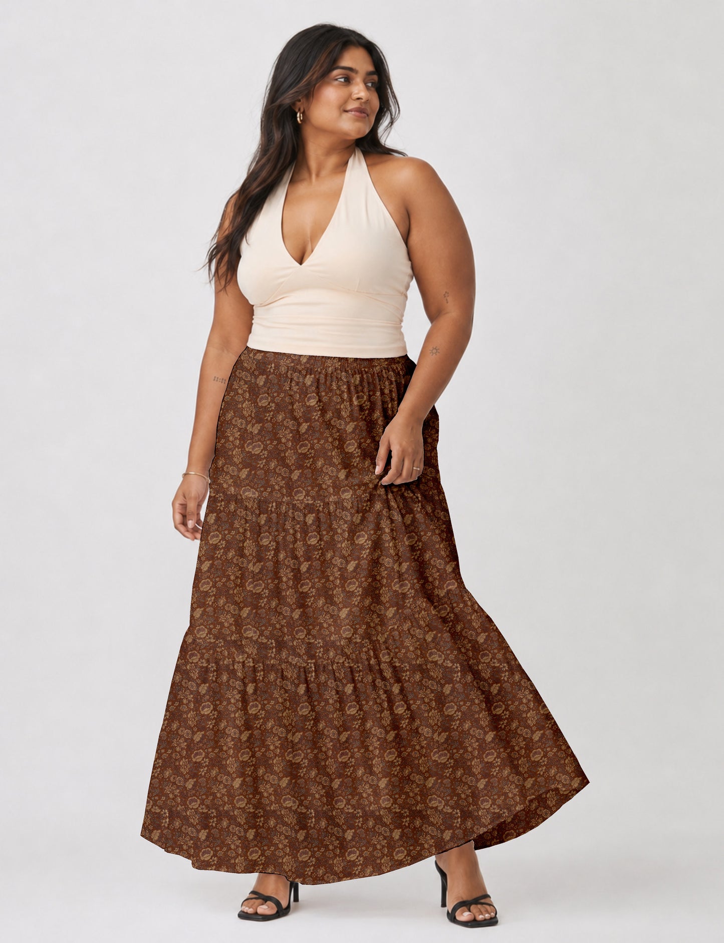 Midi Tiered Skirt - Brown Floral
