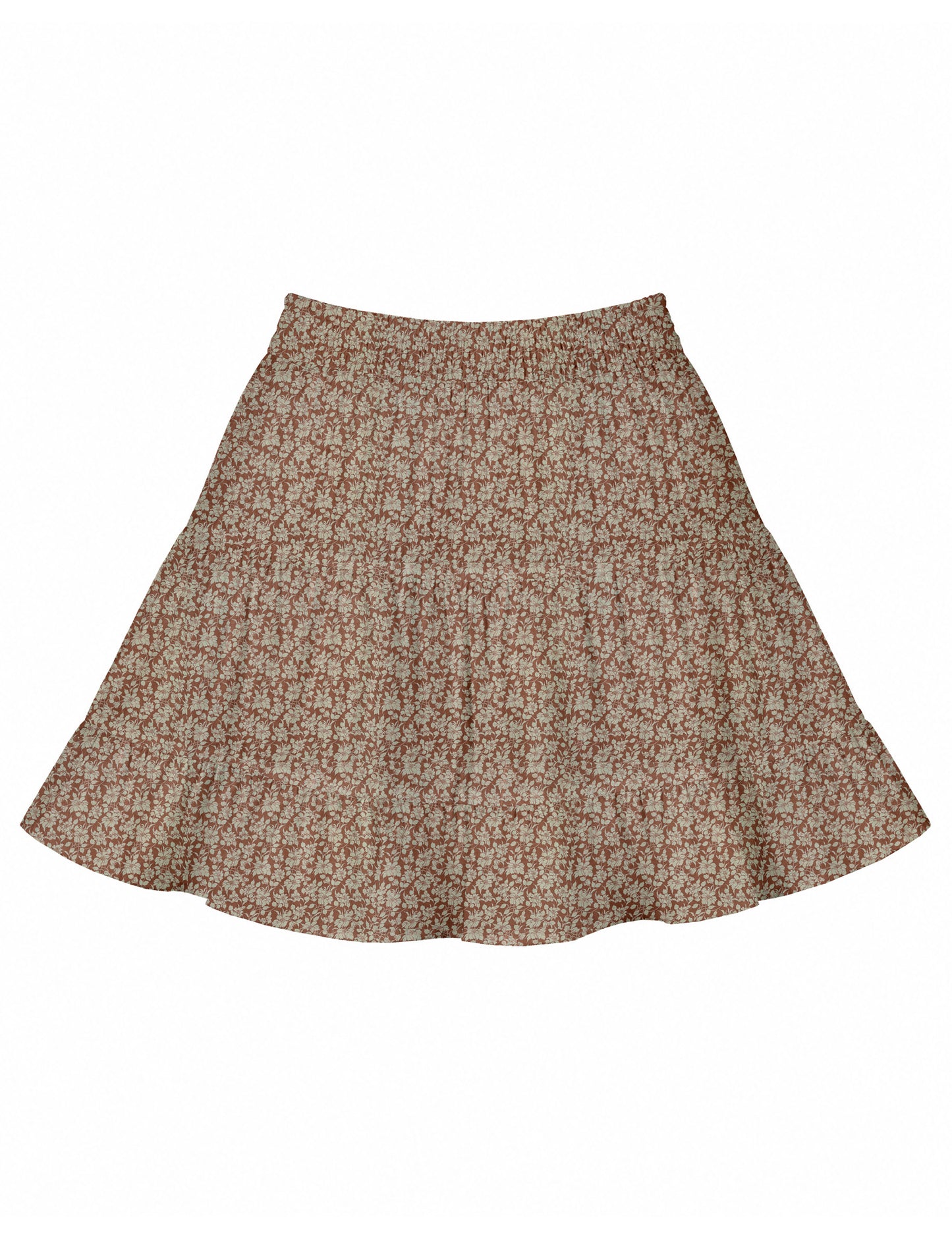 Short tiered skirt with a fitted waistband, knife pleats, softly flared silhouette, side seam pockets, and above-the-knee length.