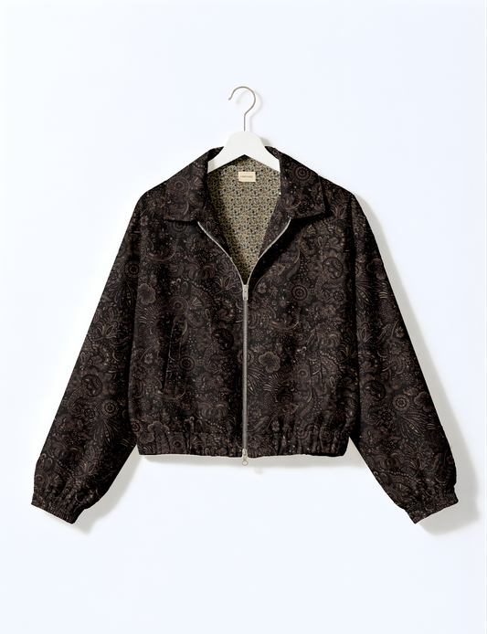 Women's cropped bomber jacket with twin metallic front zippers, welt pockets, elasticated hem and cuffs, and contrast sari print lining.