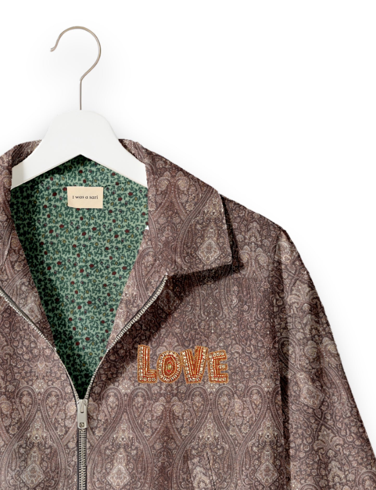 Love Bomber Jacket made from recycled fabric, featuring hand-stitched Aari embroidery. A unique piece of zero-waste clothing, part of the circular fashion movement. Designed with upcycled materials for a stylish yet environmentally friendly clothing choice.