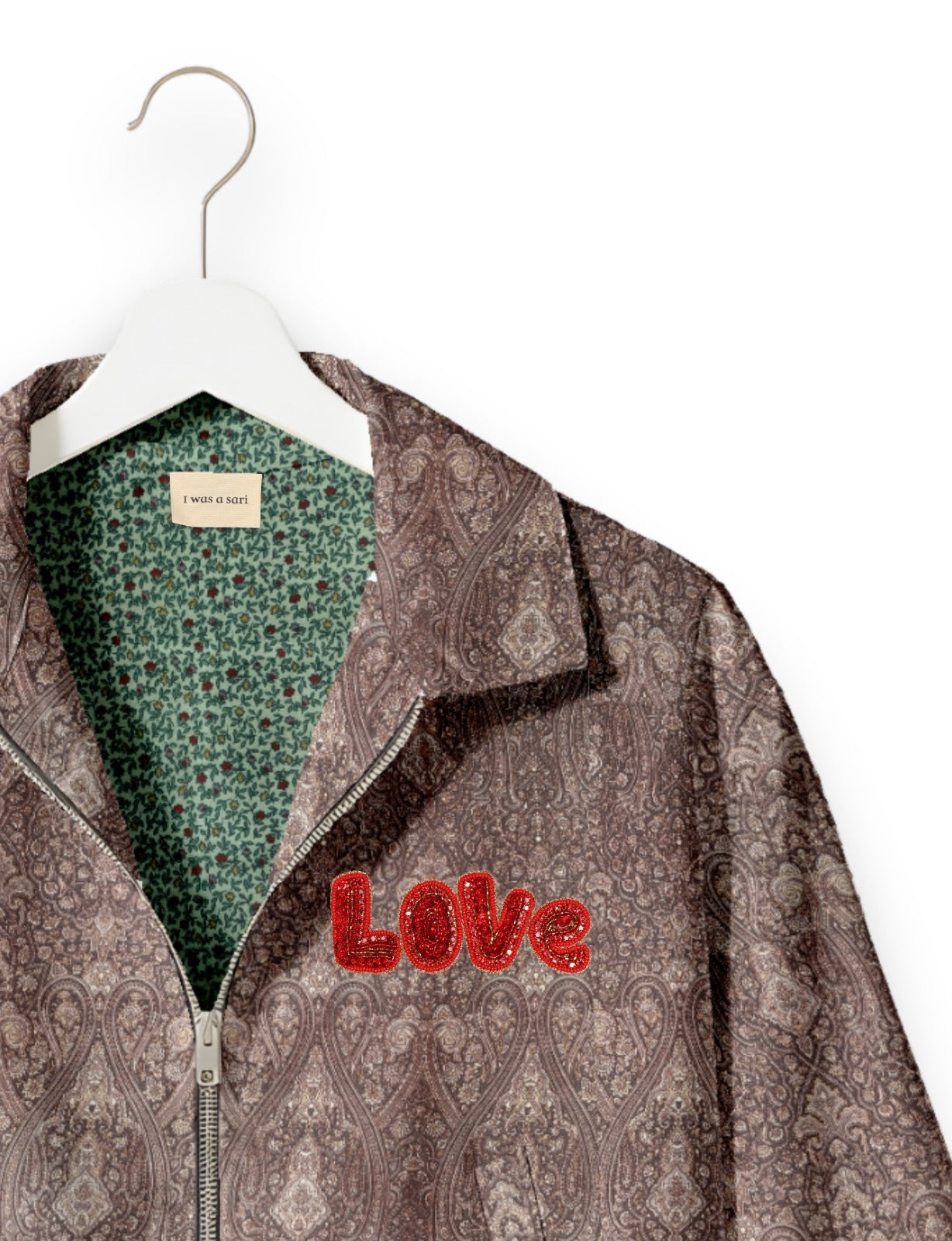Love Bomber Jacket made from recycled fabric, featuring hand-stitched Aari embroidery. A unique piece of zero-waste clothing, part of the circular fashion movement. Designed with upcycled materials for a stylish yet environmentally friendly clothing choice.