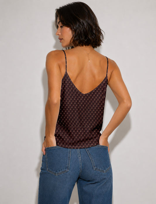 Women's sleeveless slip top with a relaxed straight fit, soft V-neckline, deep V-back, and delicate spaghetti straps.