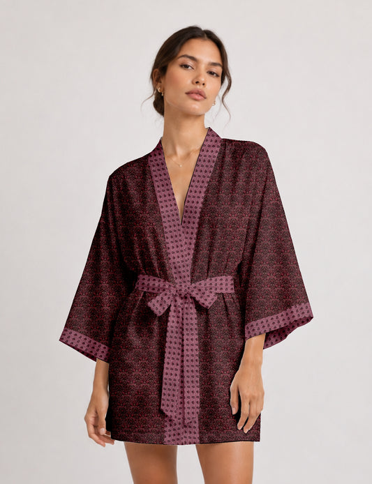 Short kimono robe with wrap front, V-neckline, wide sleeves, waist tie, and concealed skort detail.