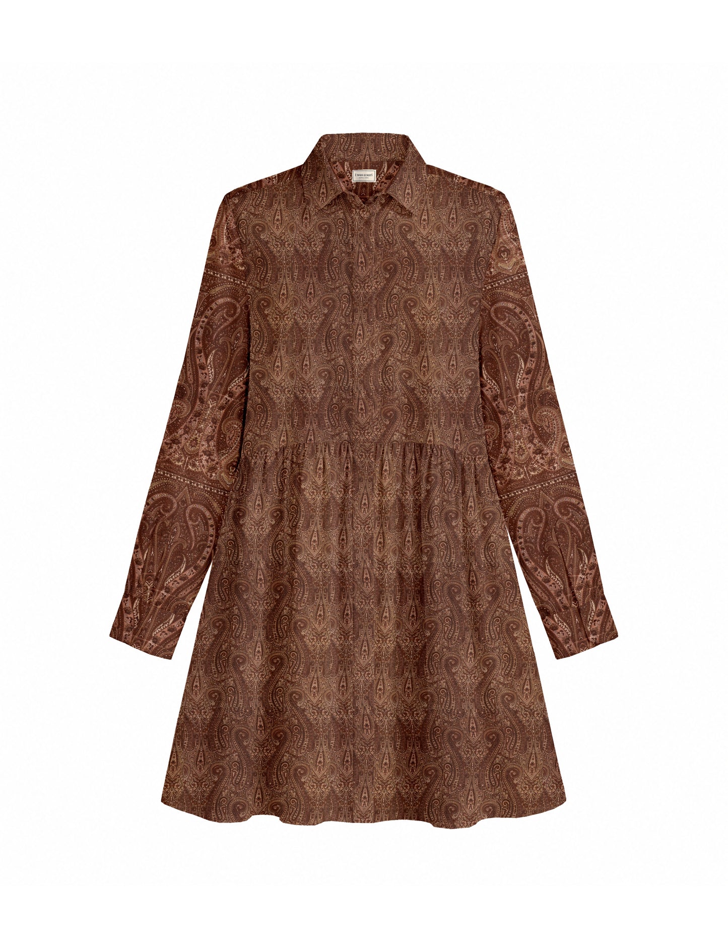 Short shirt dress with a relaxed A-line silhouette, point collar, partial button placket, gathered waist, side pockets, and full-length cuffed sleeves.
