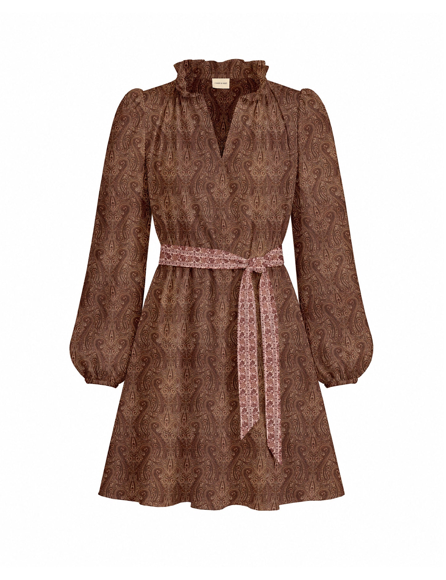 Swing dress with detachable tie belt, gathered ruffle neckline, full-length voluminous sleeves, elastic cuffs, and relaxed A-line silhouette in an above-knee length.